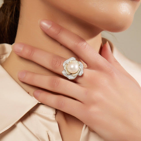 11-12mm Freshwater Pearl & Large Rose CZ Pendant Necklace - House Of Pearls